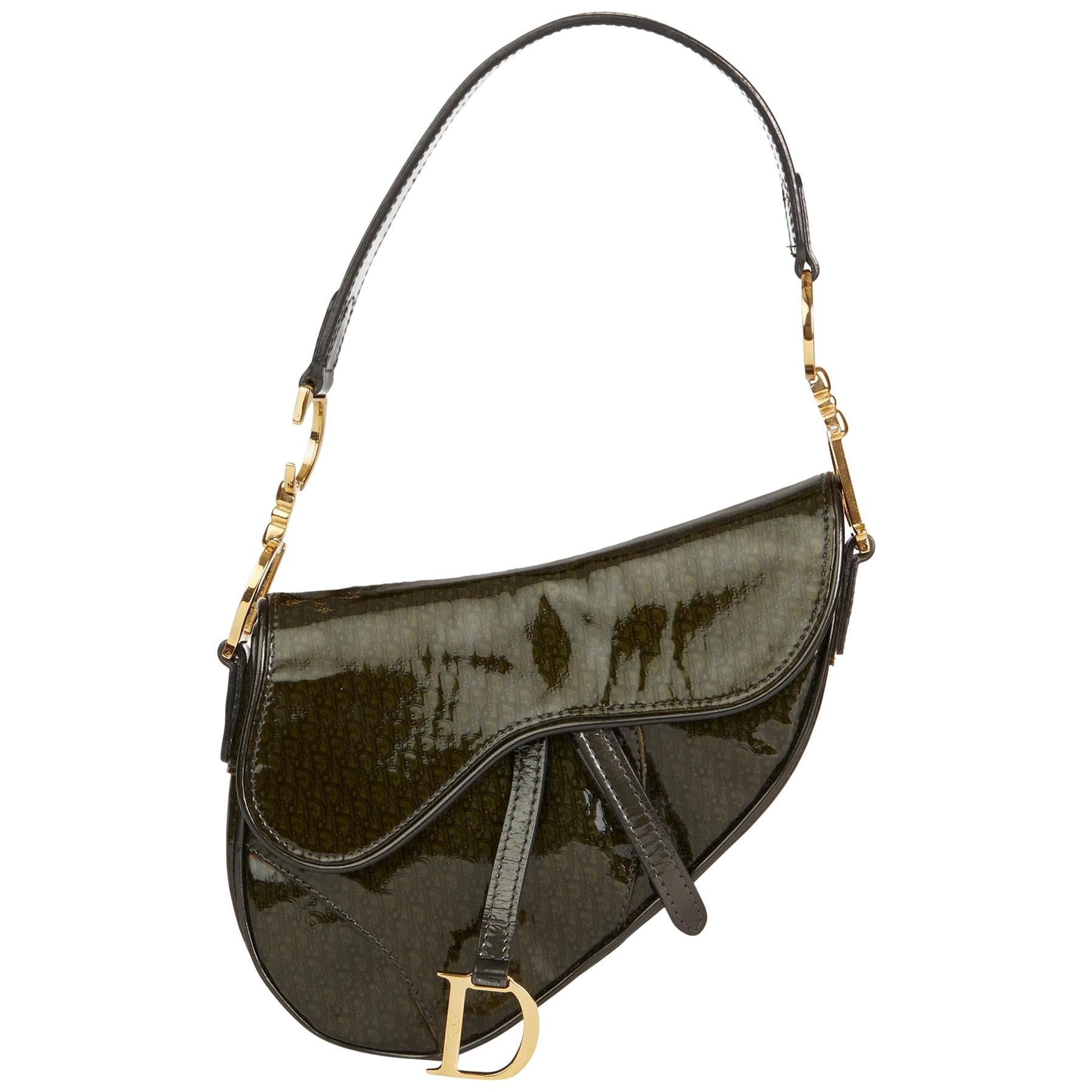 2000 Christian Dior Olive Green Monogram Patent Leather Mini Saddle Bag