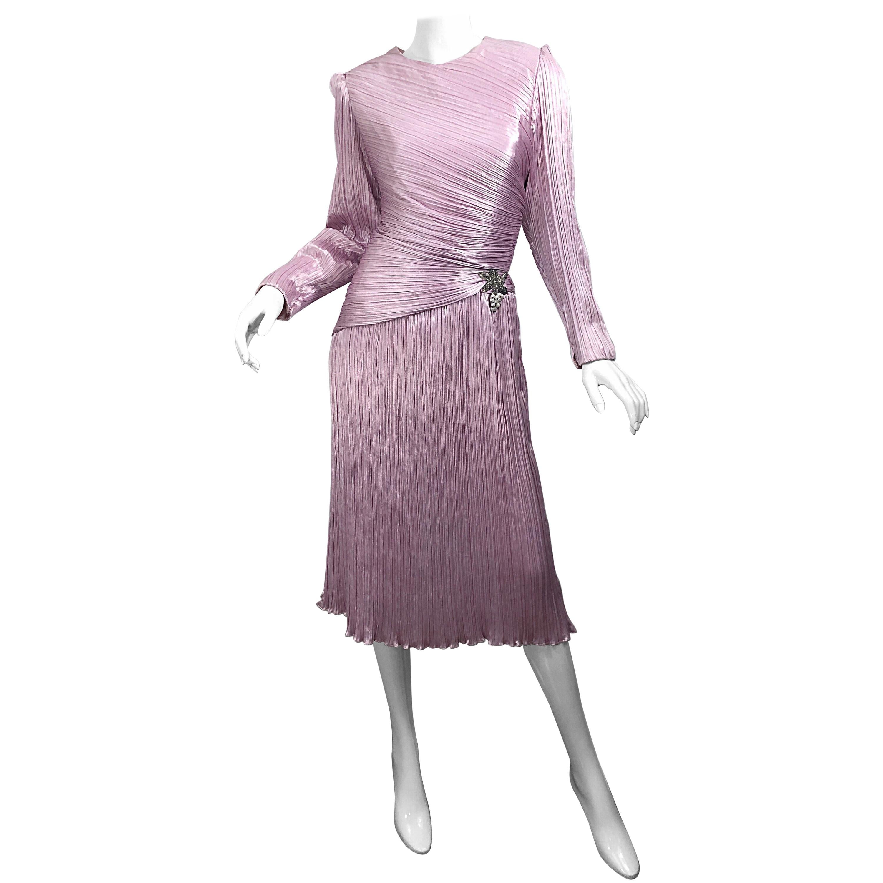 Beautiful vintage 80s MORTON MYLES pink / purple fortuny pleated long sleeve beaded and pearl dress! The perfect shade of somewhere between pink and purple! Fantastic amount of detail to this beauty, with hand sewn pearls and beads at side left