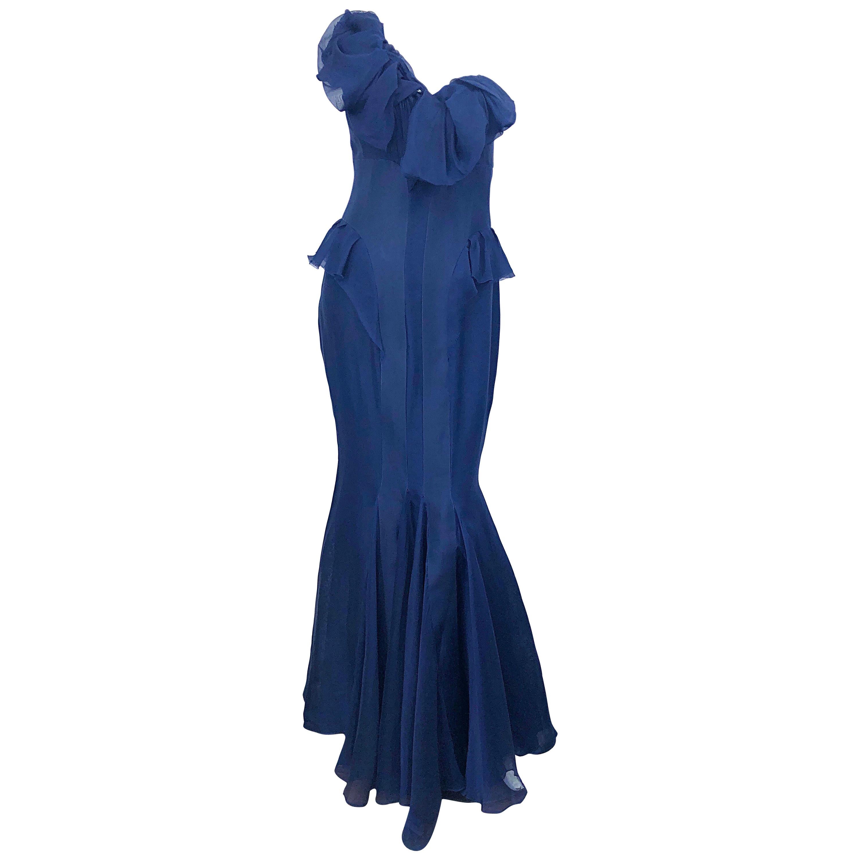 2000s J. Mendel Couture Size 4 Navy Blue Silk Chiffon One Shoulder Mermaid Gown 