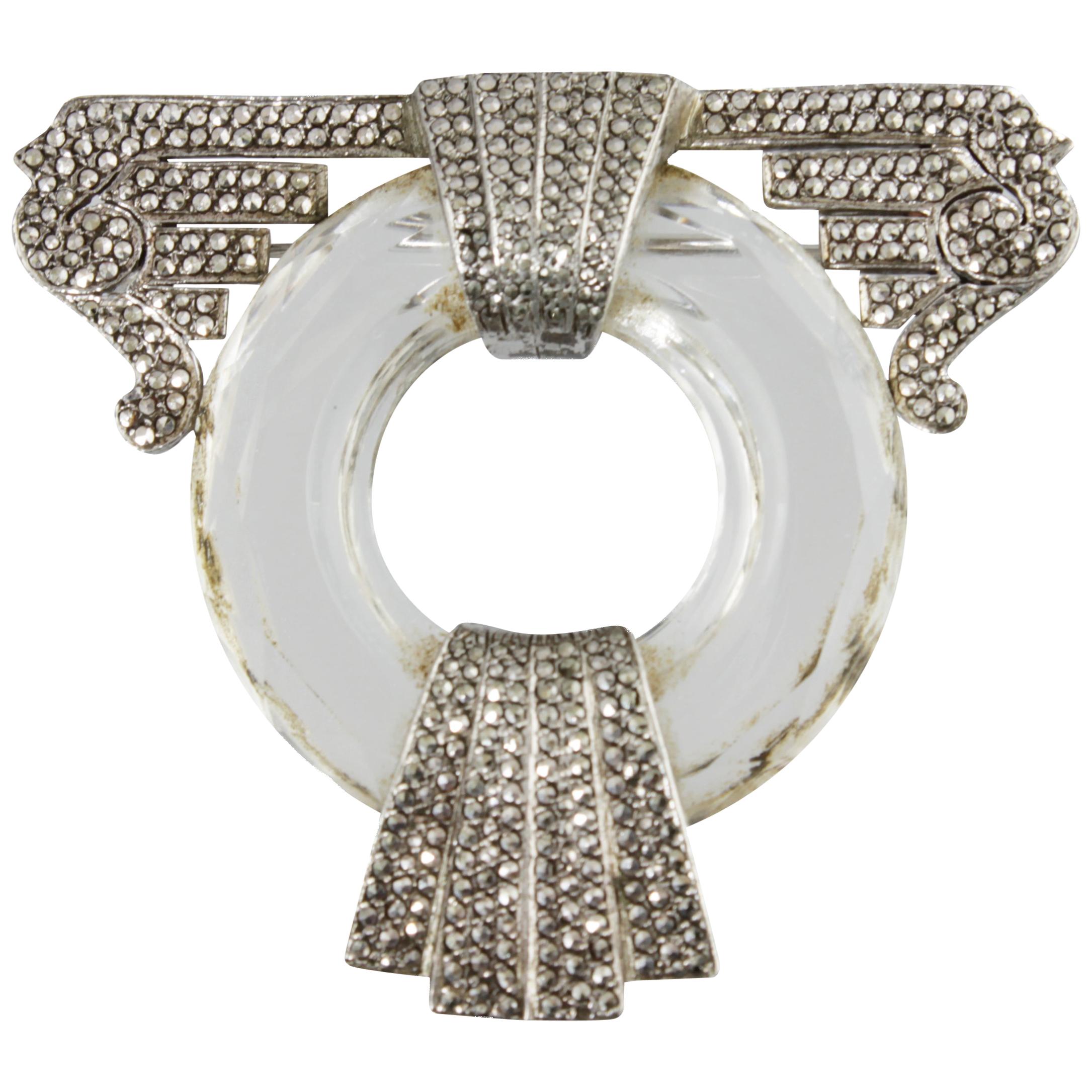 Art Deco Crystal Marcasite Brooch For Sale