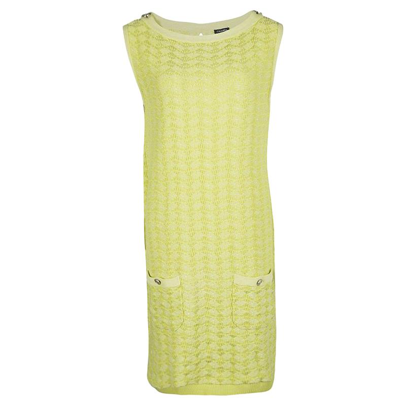 Chanel Yellow Textured Cotton Jacquard Knit Sleeveless Dress XL