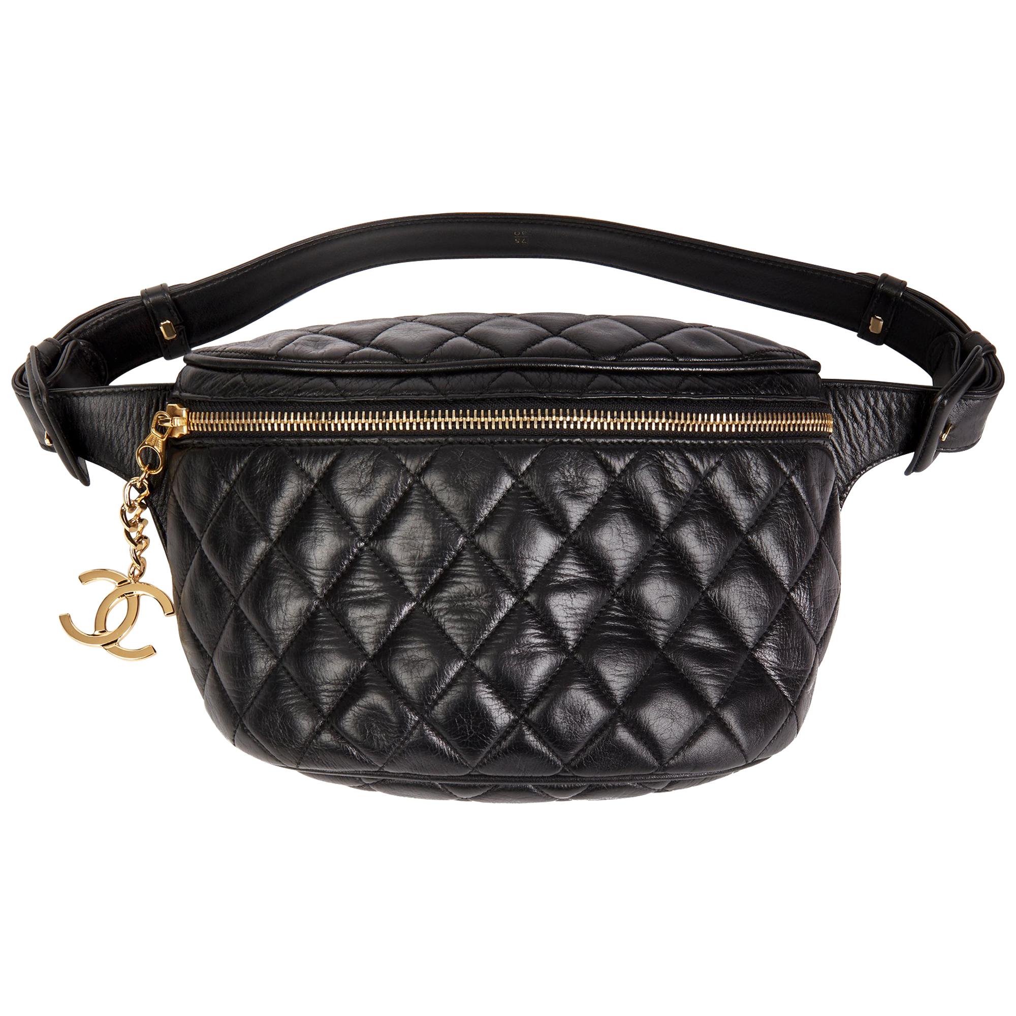 1990 Chanel Black Quilted Lambskin Vintage Timeless Belt Pouch