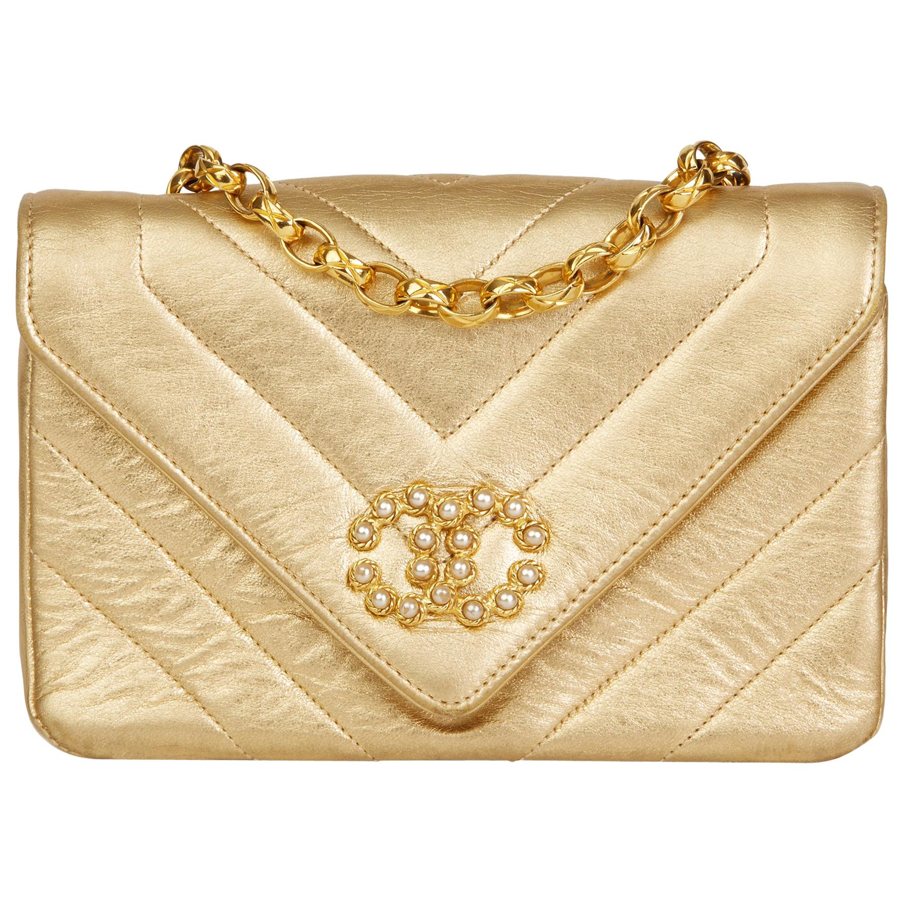 1991 Chanel Gold Chevron Quilted Metallic Lambskin Vintage Pearl Mini Flap Bag