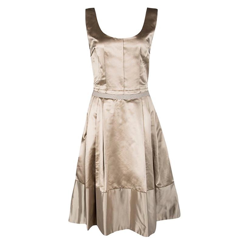 Dolce and Gabbana Beige Satin Pleated Sleeveless Dress S For Sale at ...