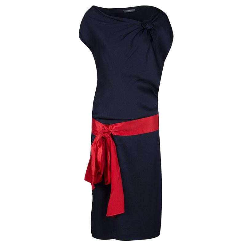 Alexander McQueen Navy Blue Silk Draped Contrast Tie Detail Sleeveless Dress M