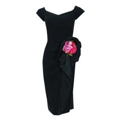 Vintage 1950's Syano Black Silk Sculpted Pink-Roses Applique Peplum Cocktail Dress 