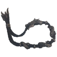 Awesome Sterling Silver Dragon and Black Leather Statement Bracelet 