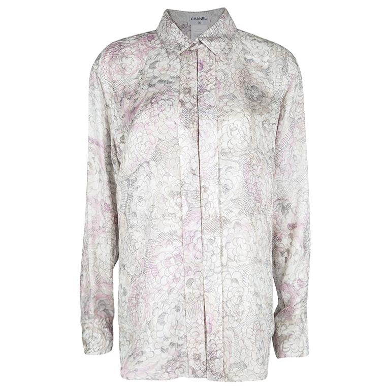 Chanel Multicolor Floral Printed Silk Long Sleeve Blouse L