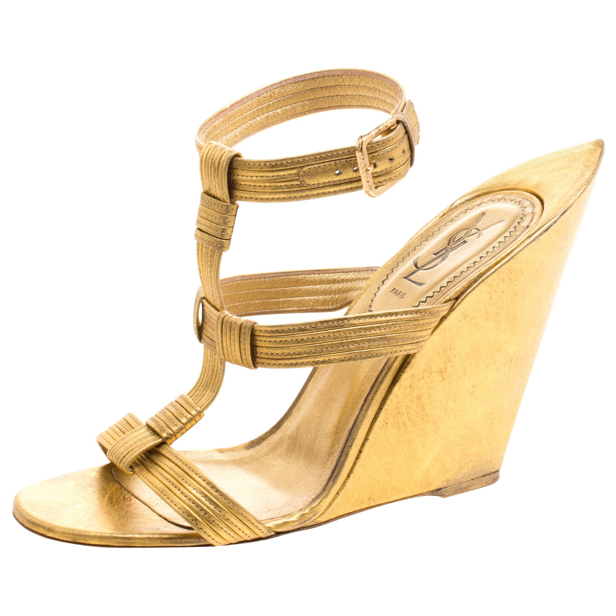 Saint Laurent Paris Metallic Gold Leather Venice Sculpted Wedge Sandals Size 40