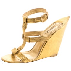 Saint Laurent Paris Metallic Gold Leather Venice Sculpted Wedge Sandals Size 40