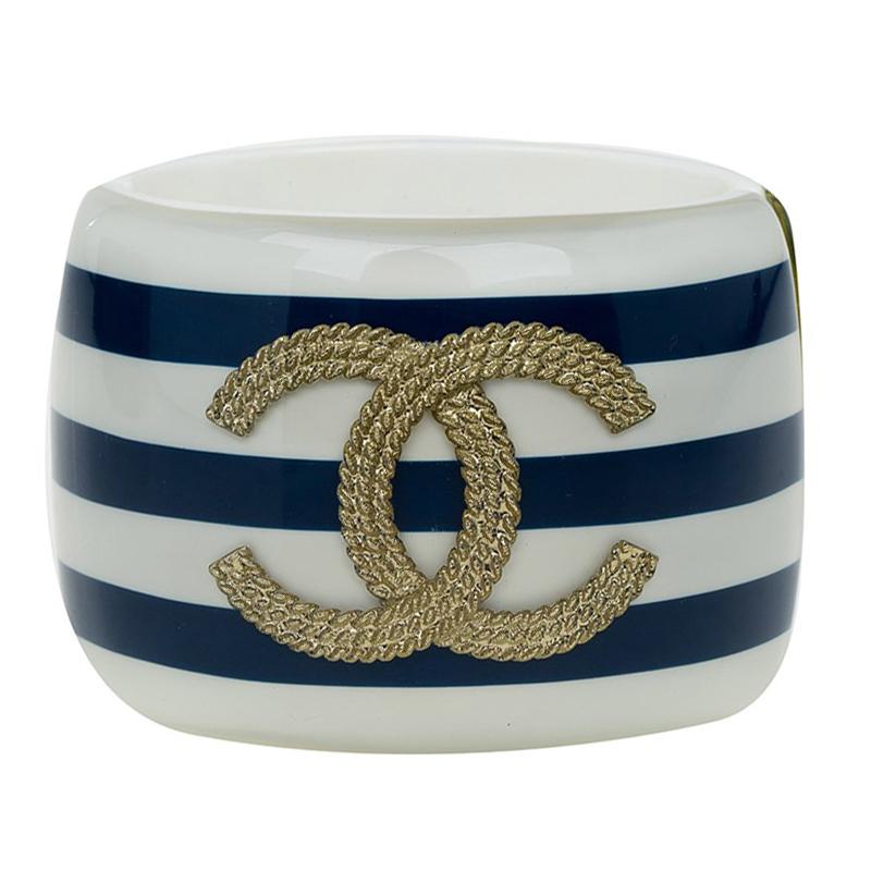 Chanel CC Blue and White Stripe Resin Bangle Bracelet