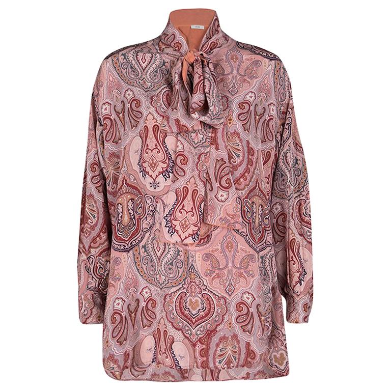 Celine Printed Mulberry Silk Neck Tie Detail Long Sleeve High Low Tunic M