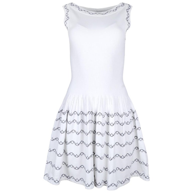 Alaia White Fit and Flare Sleeveless Dress W/ Black Embroidery Sz 40 ...