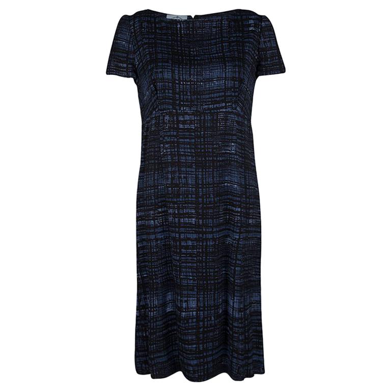 Prada Blue and Black Printed Short Sleeve Sheath Dress M For Sale at ...