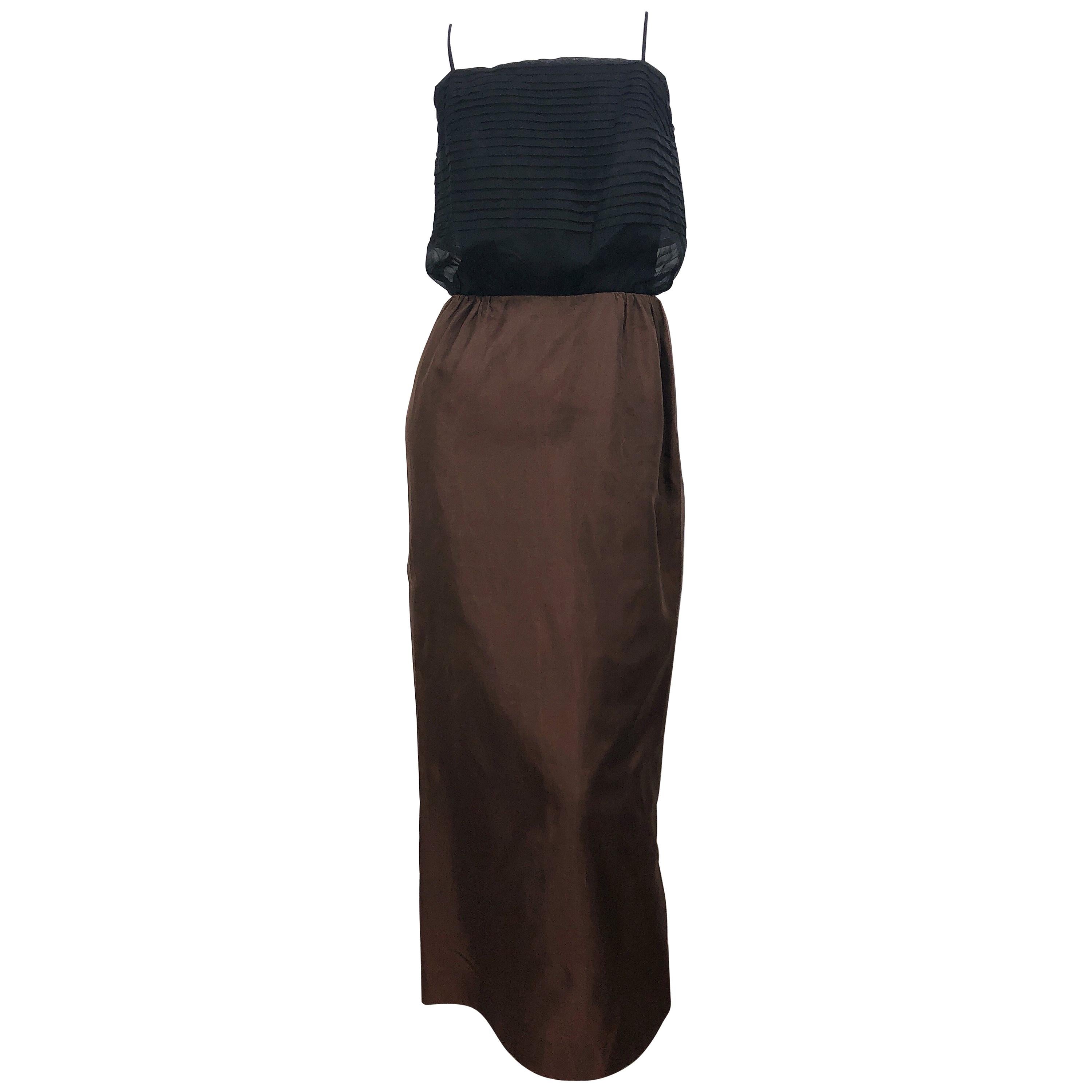 1960s S. Howard Hirsh Chocolate Brown + Black Silk Chiffon Vintage 60s Gown For Sale