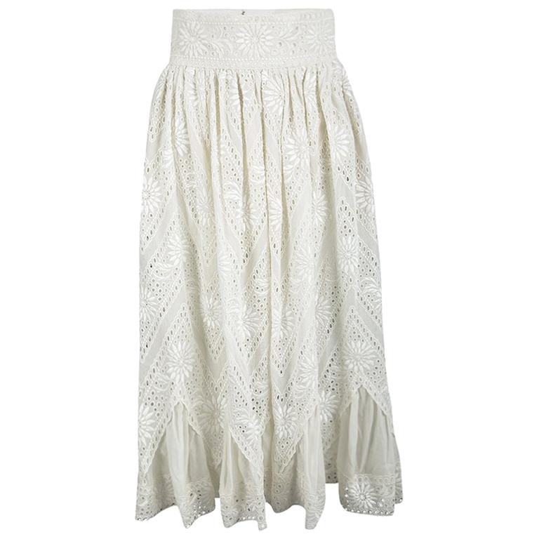 Valentino Cream Cotton Eyelet Embroidered High Waist Gathered Midi ...