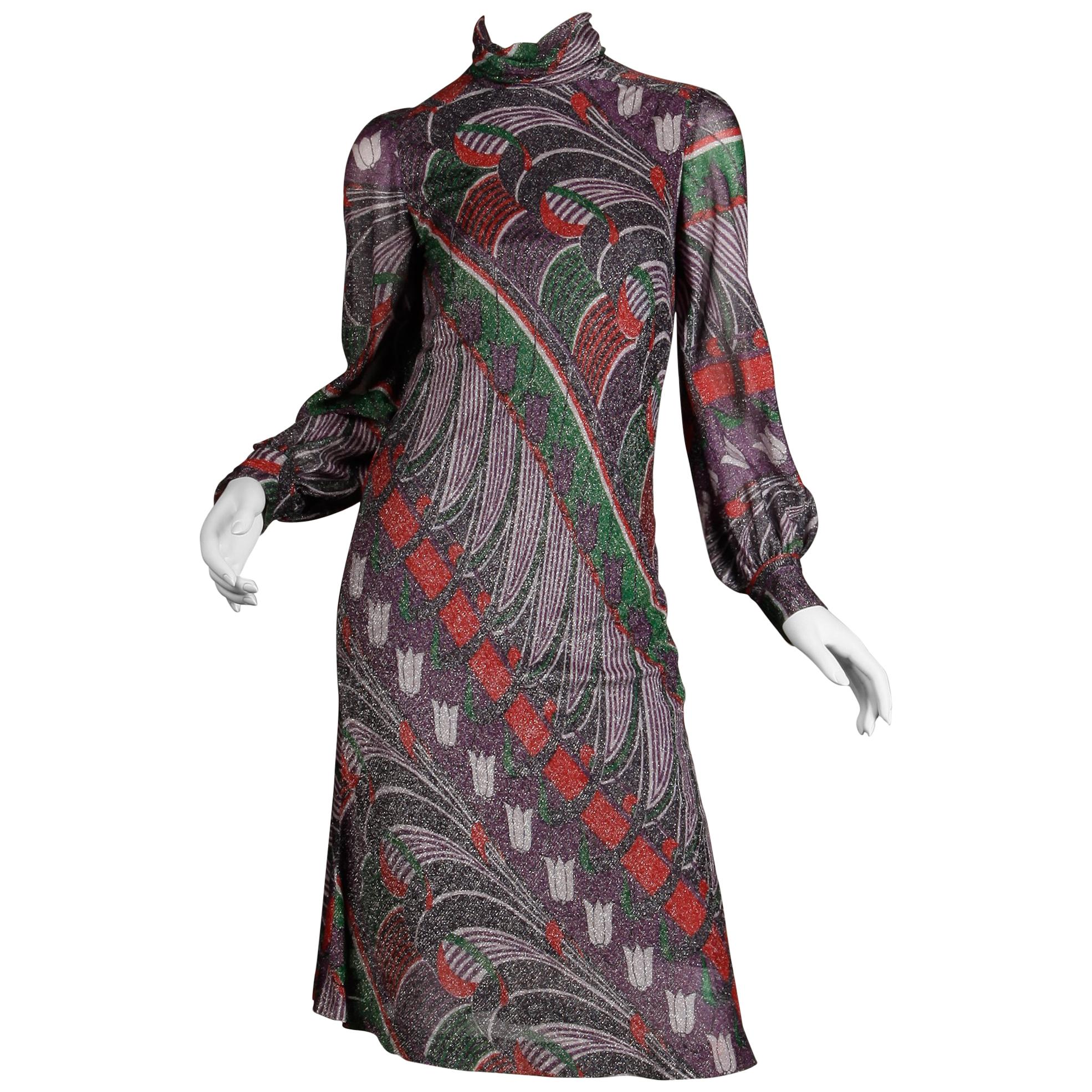 1970s Morton Myles Vintage Metallic Silver + Purple Lurex Op Art Print Dress 