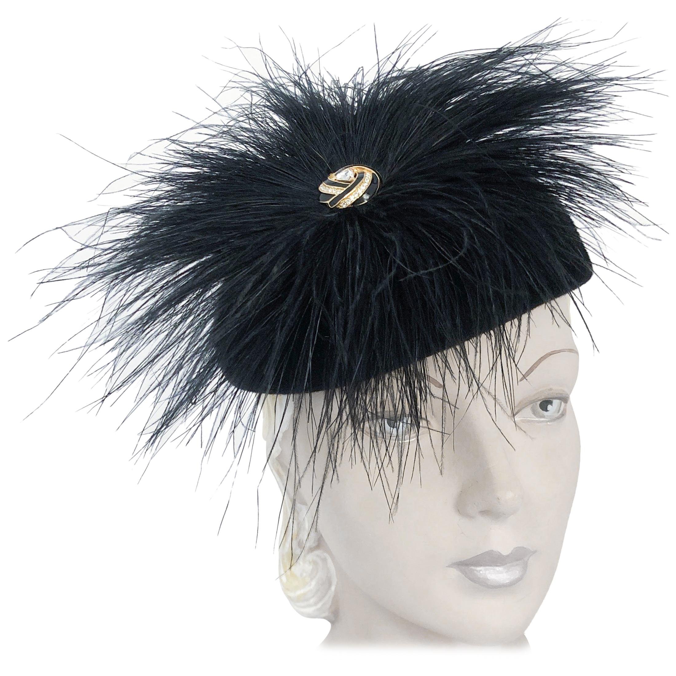1960s Frank Olive Black Cashmere Hat with Feather Accent