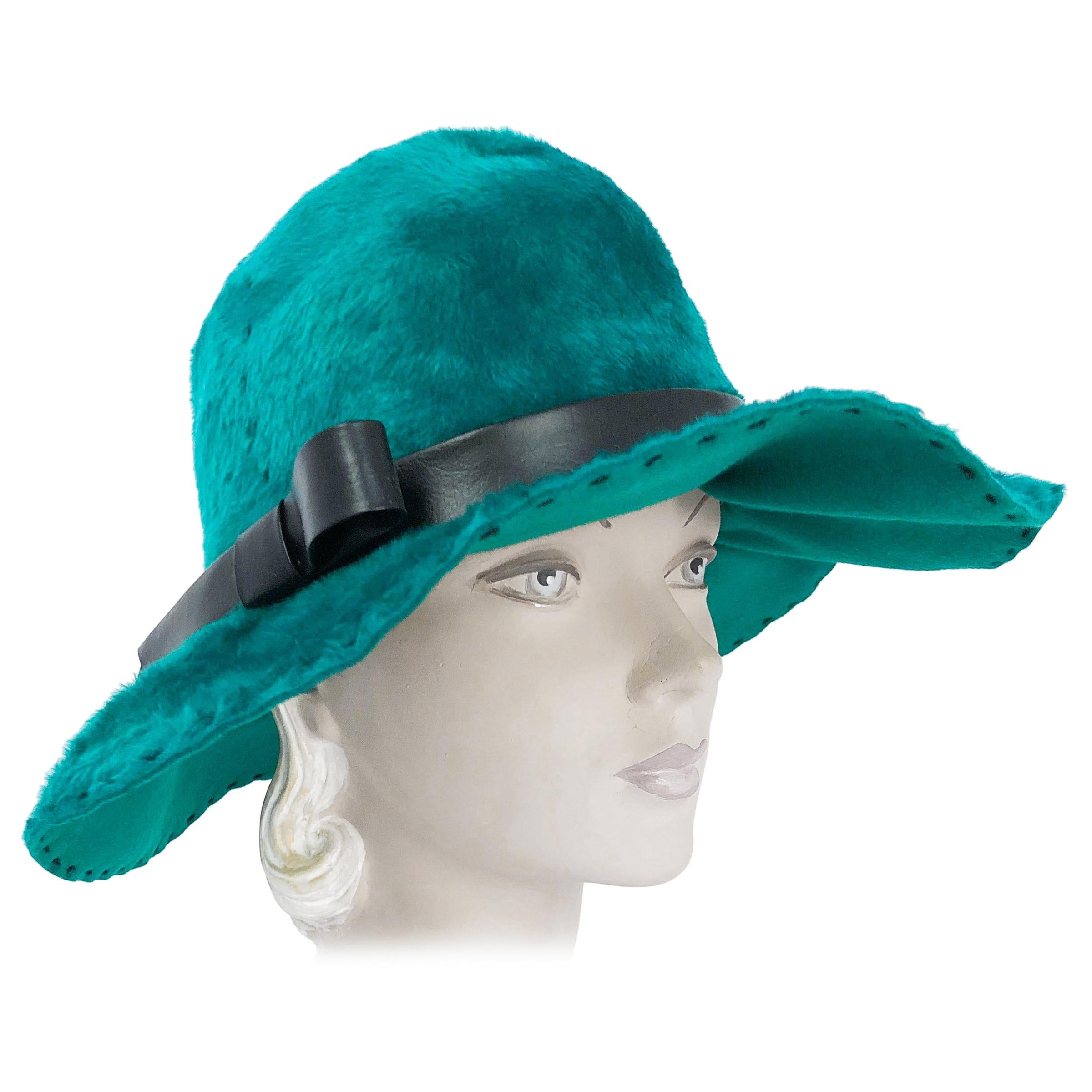 1970s Deborah Teal/Green rabbit Hat with Black Topstitch and Faux Leather Band