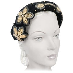 Vintage 1950s Joseph Magnin Black Cashmere Hat with Beading and Stone Accents