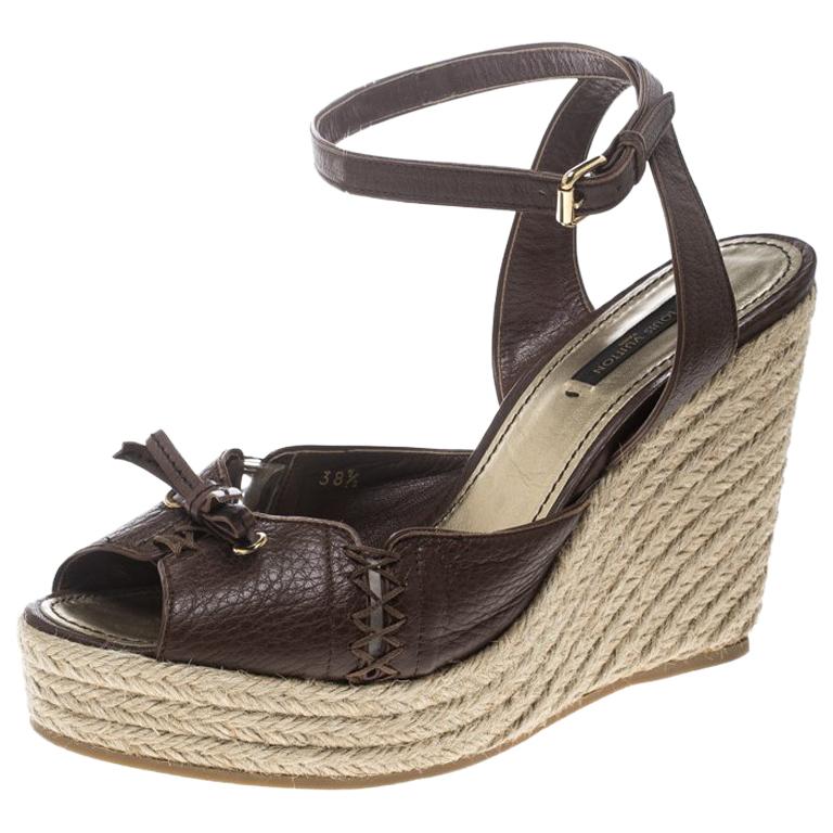 Louis Vuitton Brown Leather Ankle Strap Espadrilles Wedges Sandals Size 38.5