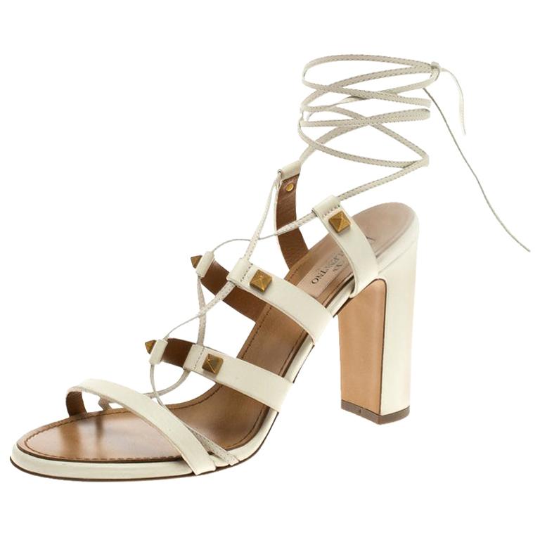 Valentino White Leather Rockstud Block Heel Gladiator Lace Up Sandals Size 39