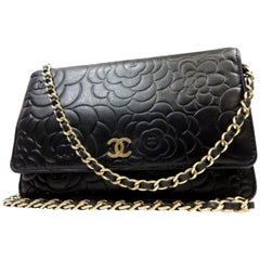 Vintage Chanel Wallet on Chain Camellia Embossed Flap 227945 Black Cross Body Bag