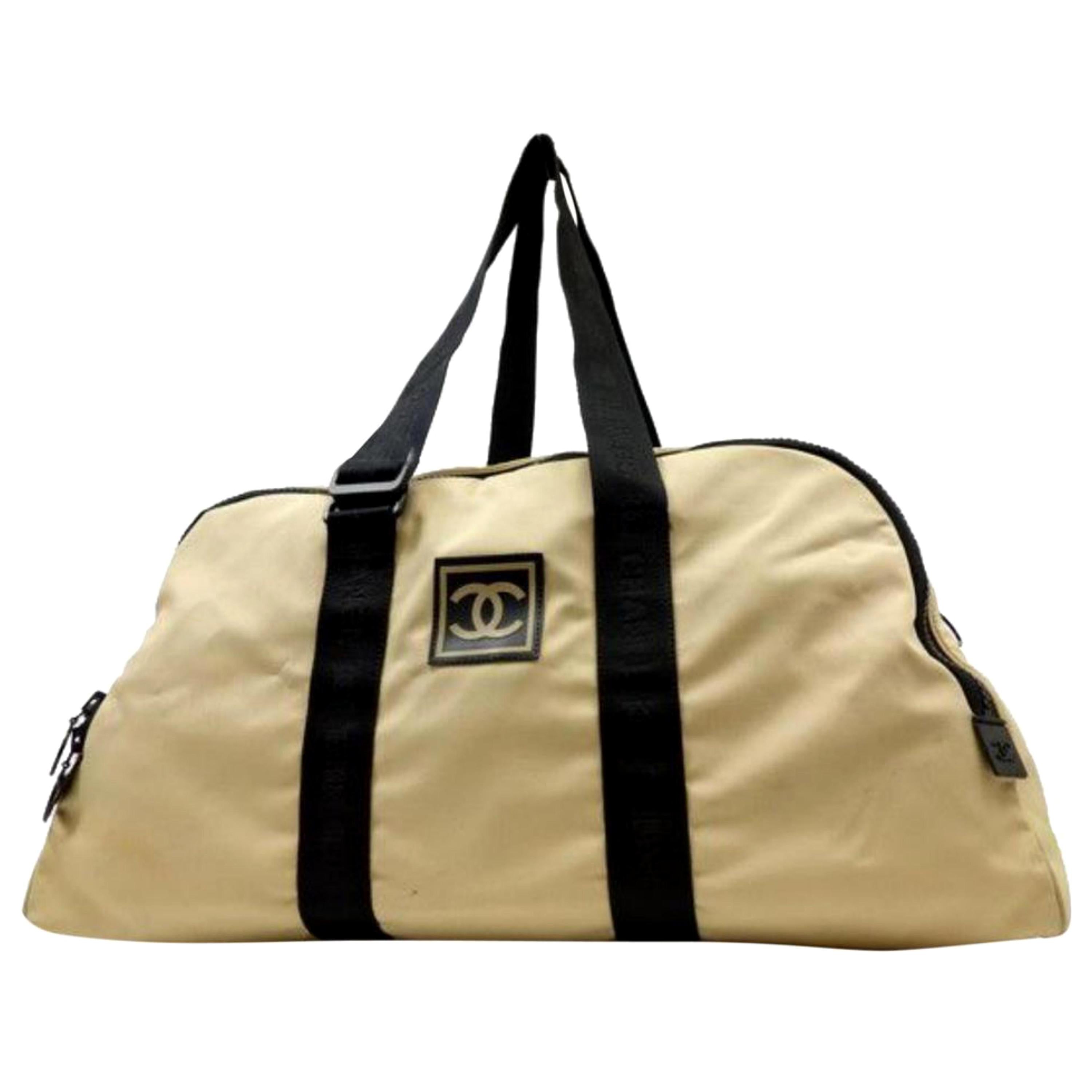 Chanel Extra Large Cc Sports Logo Boston Duffle 227858 Beige Canvas Shoulder Bag For Sale