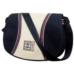 Vintage Chanel Messenger Navy Sports Logo Flap 227922 Blue Canvas Cross Body Bag