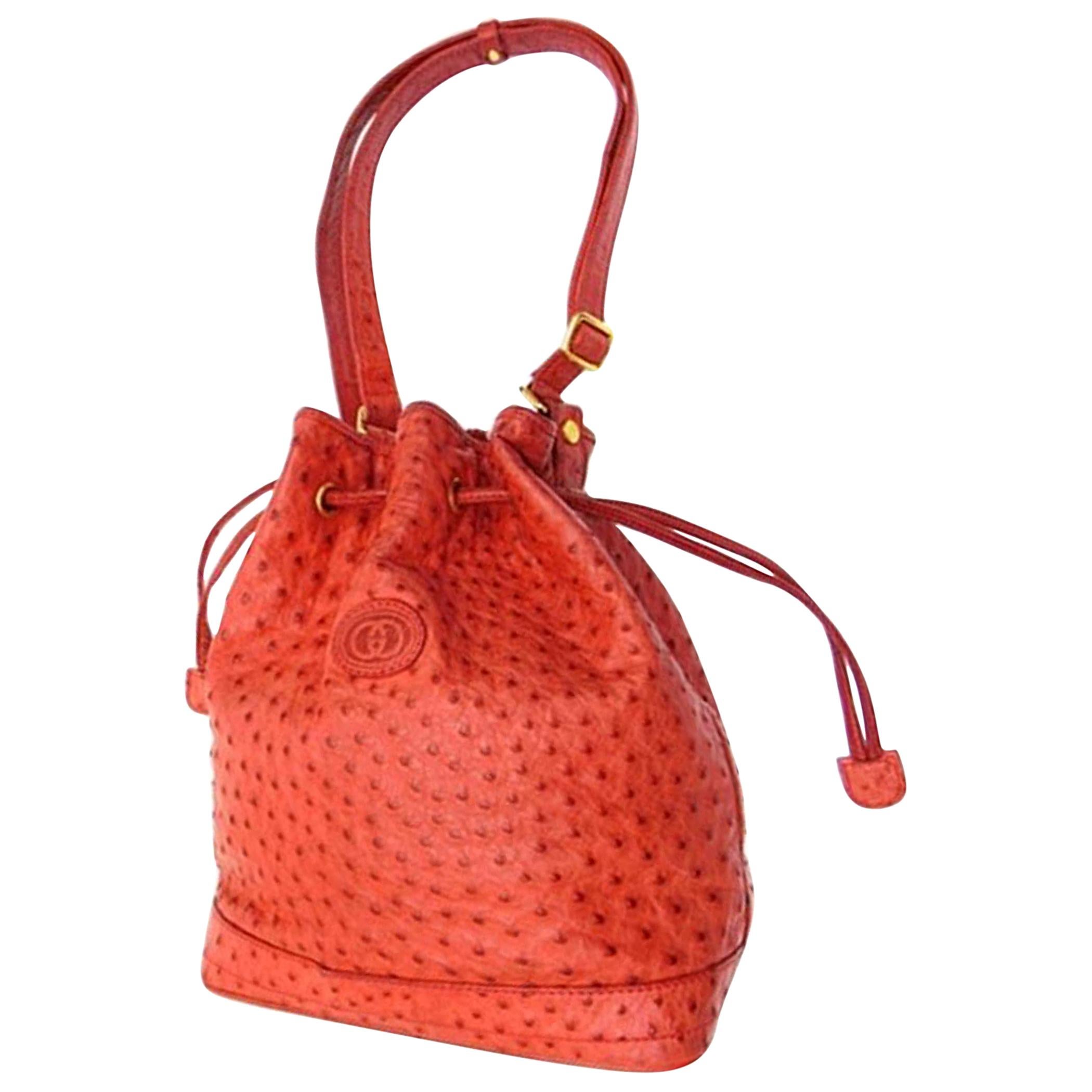 Gucci Drawstring Bucket Hobo 227959 Red Ostrich Leather Shoulder Bag For Sale