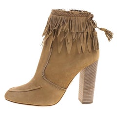 Aquazzura Beige Suede Tiger Lily Fringe Ankle Boots Size 38