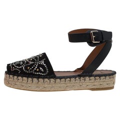 Valentino Black Embellished Suede and Leather Ankle Strap Espadrilles Size 38