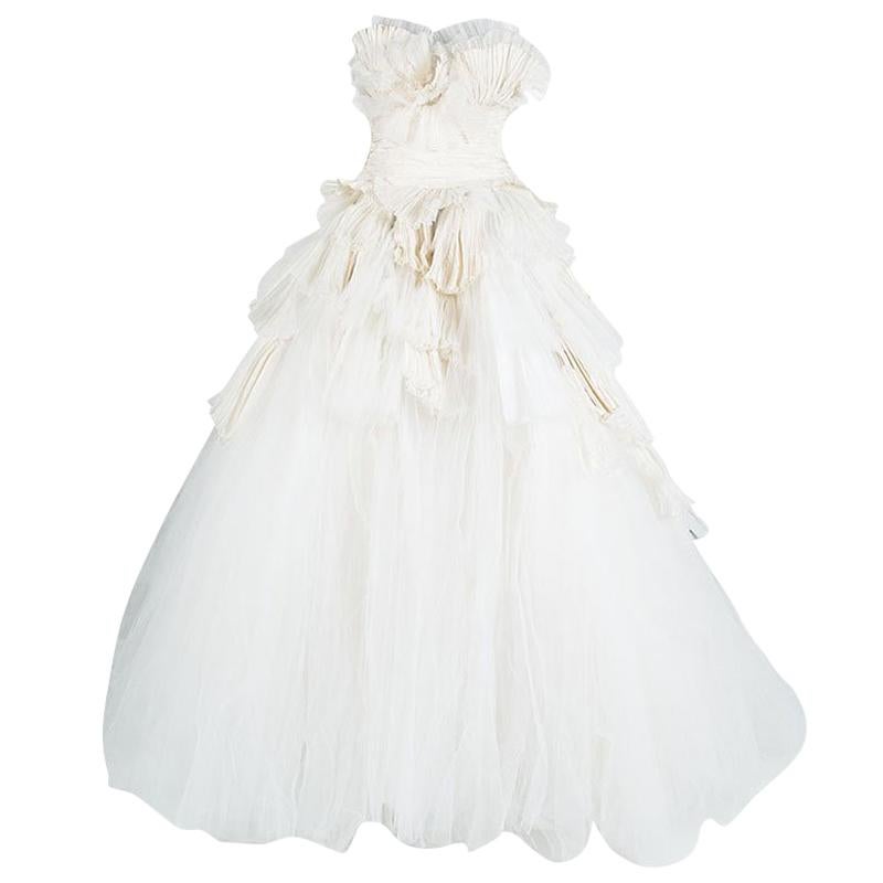 Zuhair Murad Off White Plisse Ruffle Detail Layered Strapless Wedding Gown S