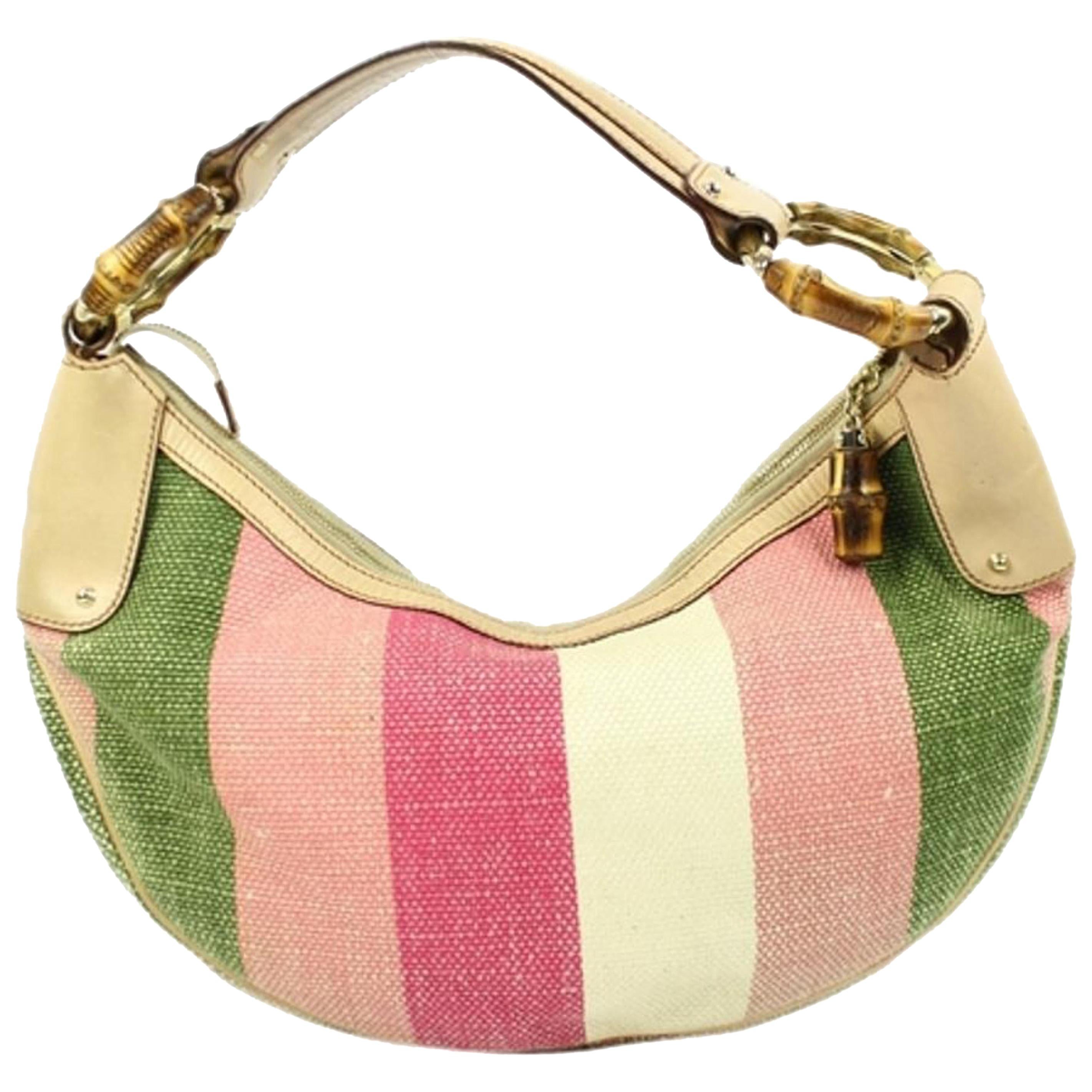 Gucci Multicolor Stripe Bamboo Hobo Ggtl180 Pink Canvas Shoulder Bag at