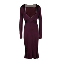 Alexander McQueen Burgundy Rib Knit Dotted Trim Long Sleeve Dress L
