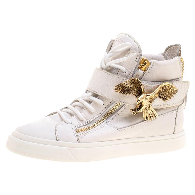 Giuseppe White Leather Eagle High Top Sneakers Size 38 For Sale at 1stDibs