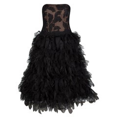 Used Tadashi Shoji Black Tulle Embroidered Faux Feather Strapless Dress M