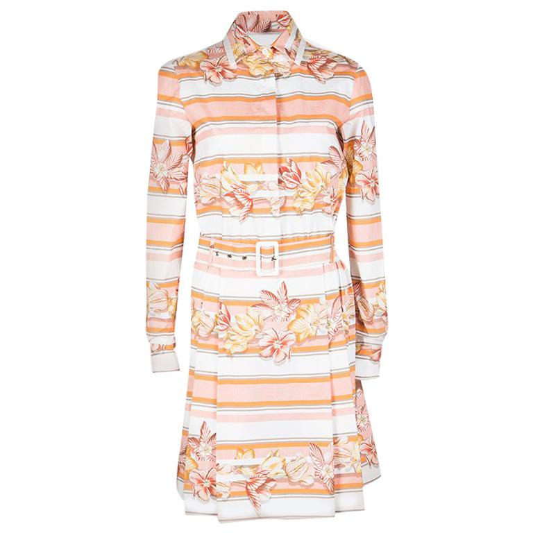 Salvatore Ferragamo Multicolor Printed Cotton Belted Long Sleeve Shirt Dress S