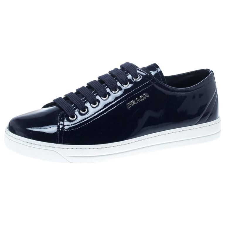Prada Sport Navy Blue Patent Leather Lace Up Sneakers Size 39