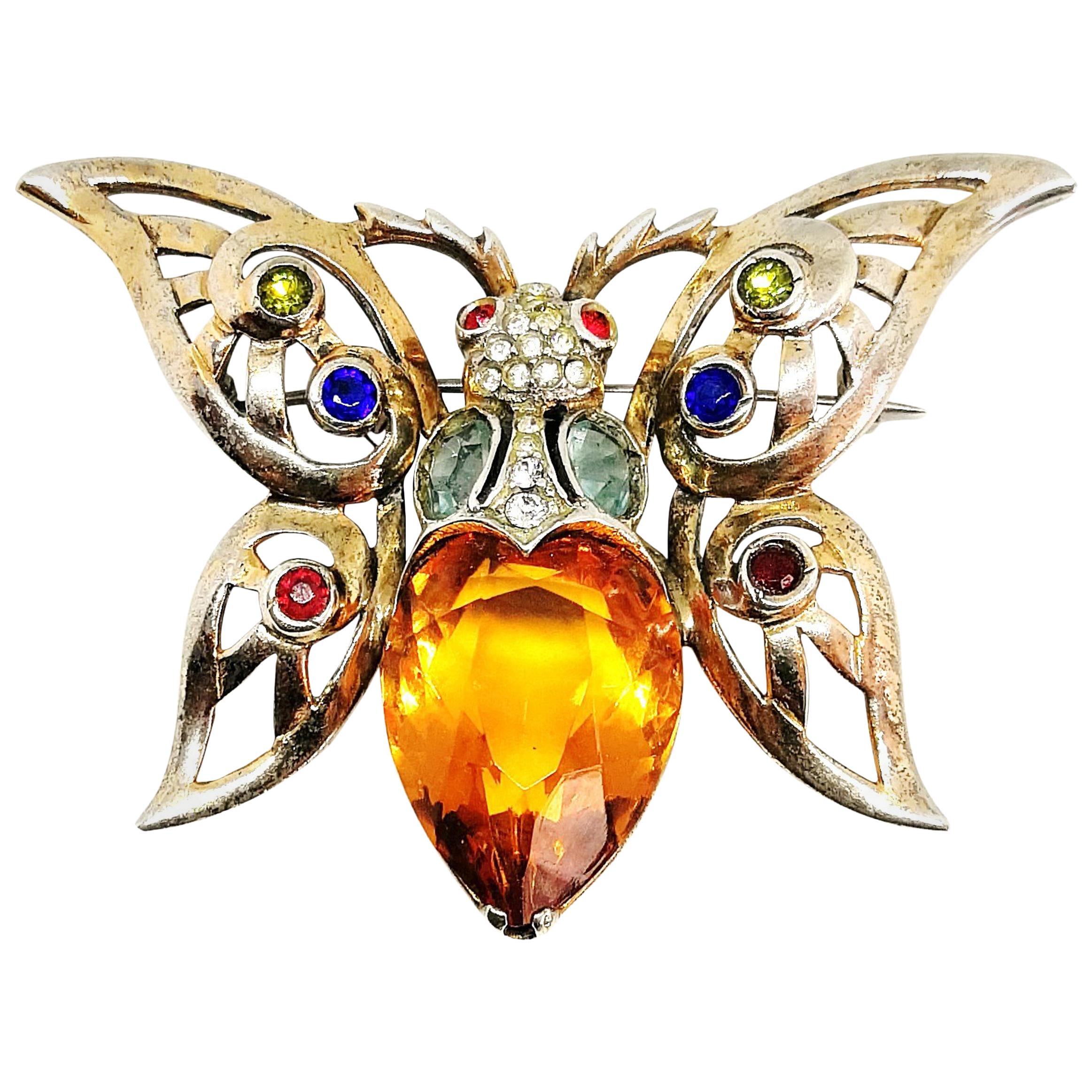 A large gilded sterling silver and coloured paste 'butterfly' brooch, Reja 1940s