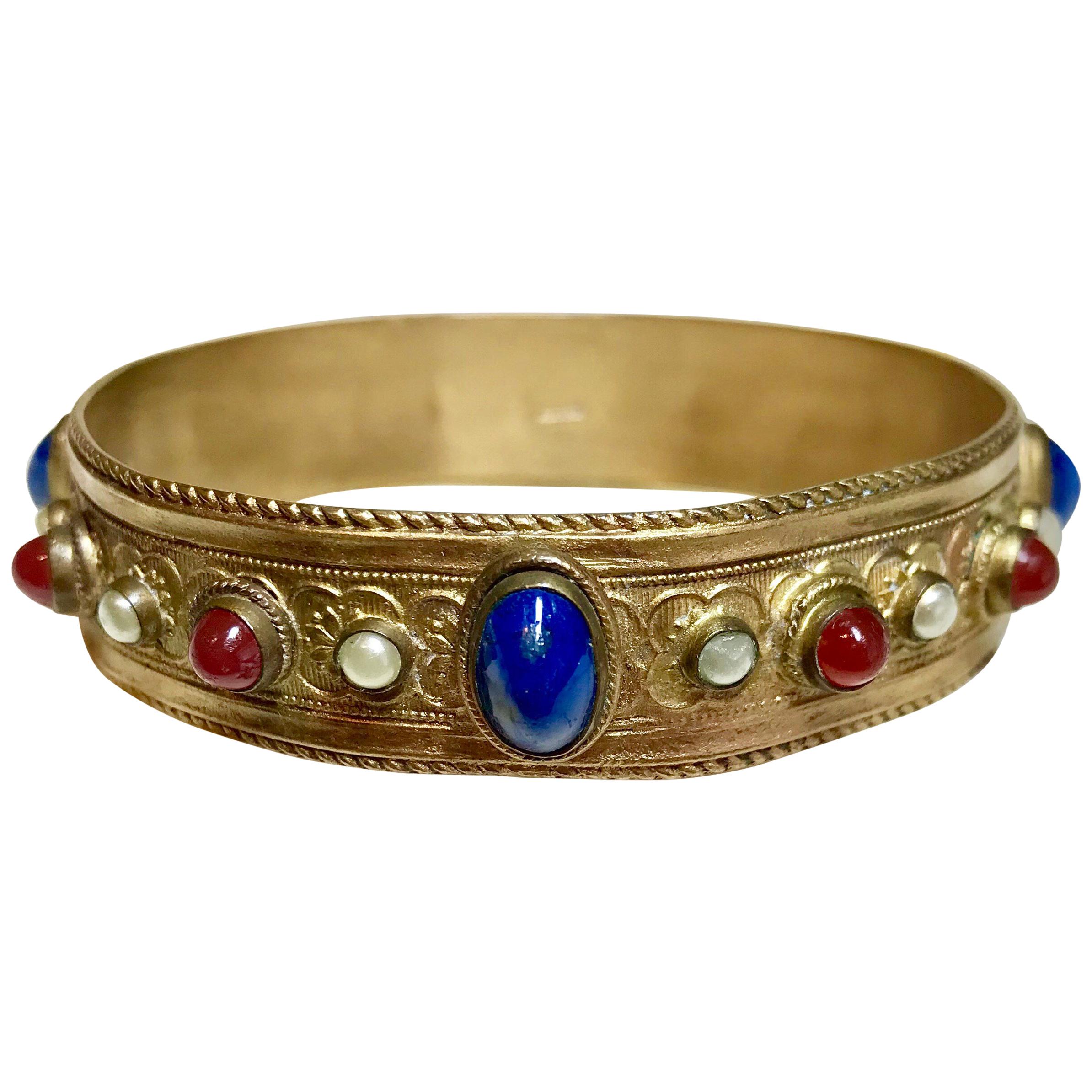 Circa 1920s Austrian Lapis-Blue Glass Cabocon Jeweled Bangle  For Sale