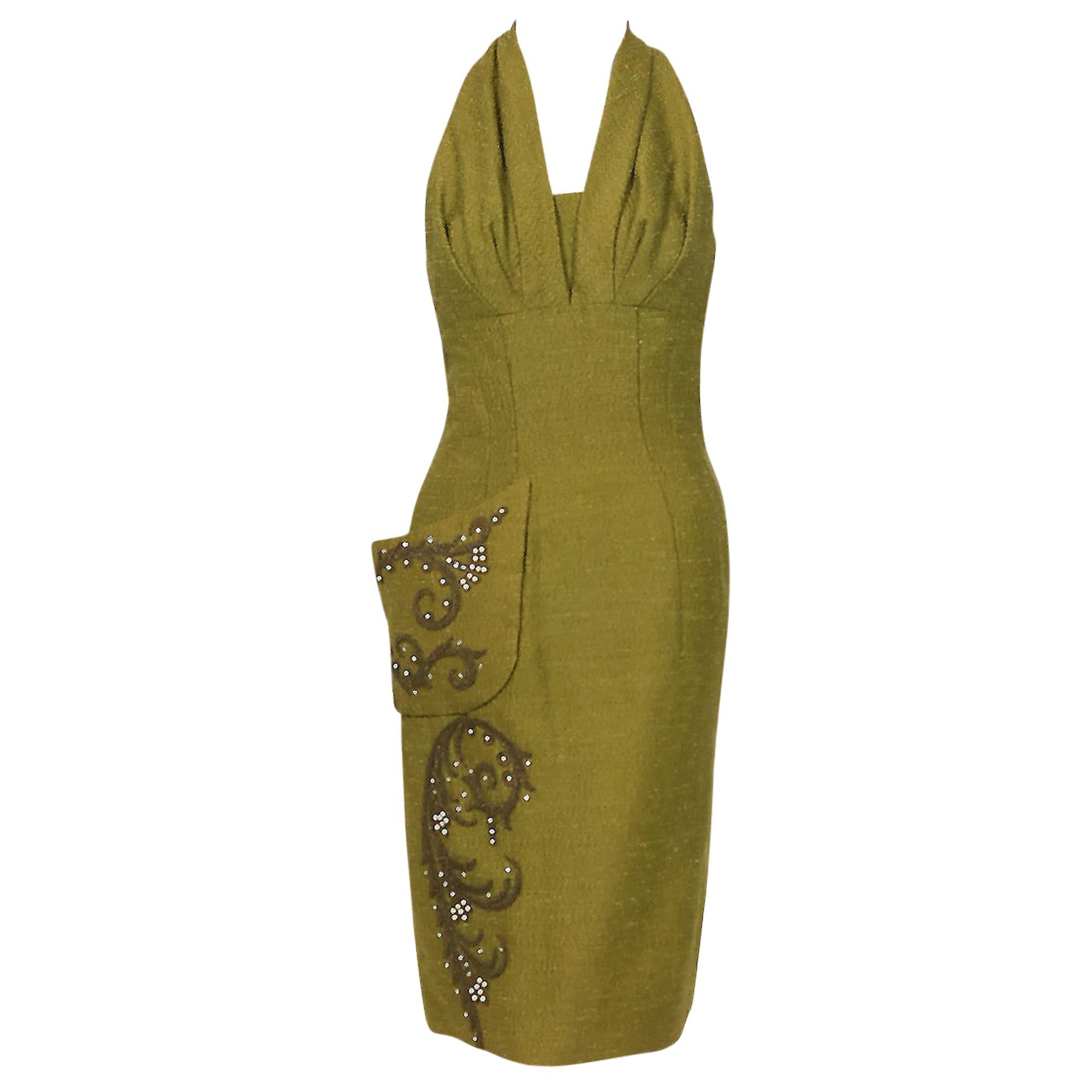 1954 Lilli-Ann Documented Olive Embroidered Jeweled Silk Halter Cocktail Dress