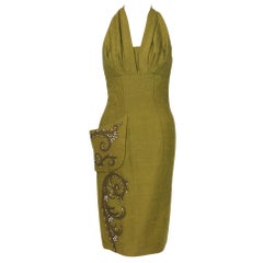 Retro 1954 Lilli-Ann Documented Olive Embroidered Jeweled Silk Halter Cocktail Dress