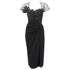 1950's Dorothy O'Hara Black Silk Floral Applique Sheer-Illusion Draped Dress 