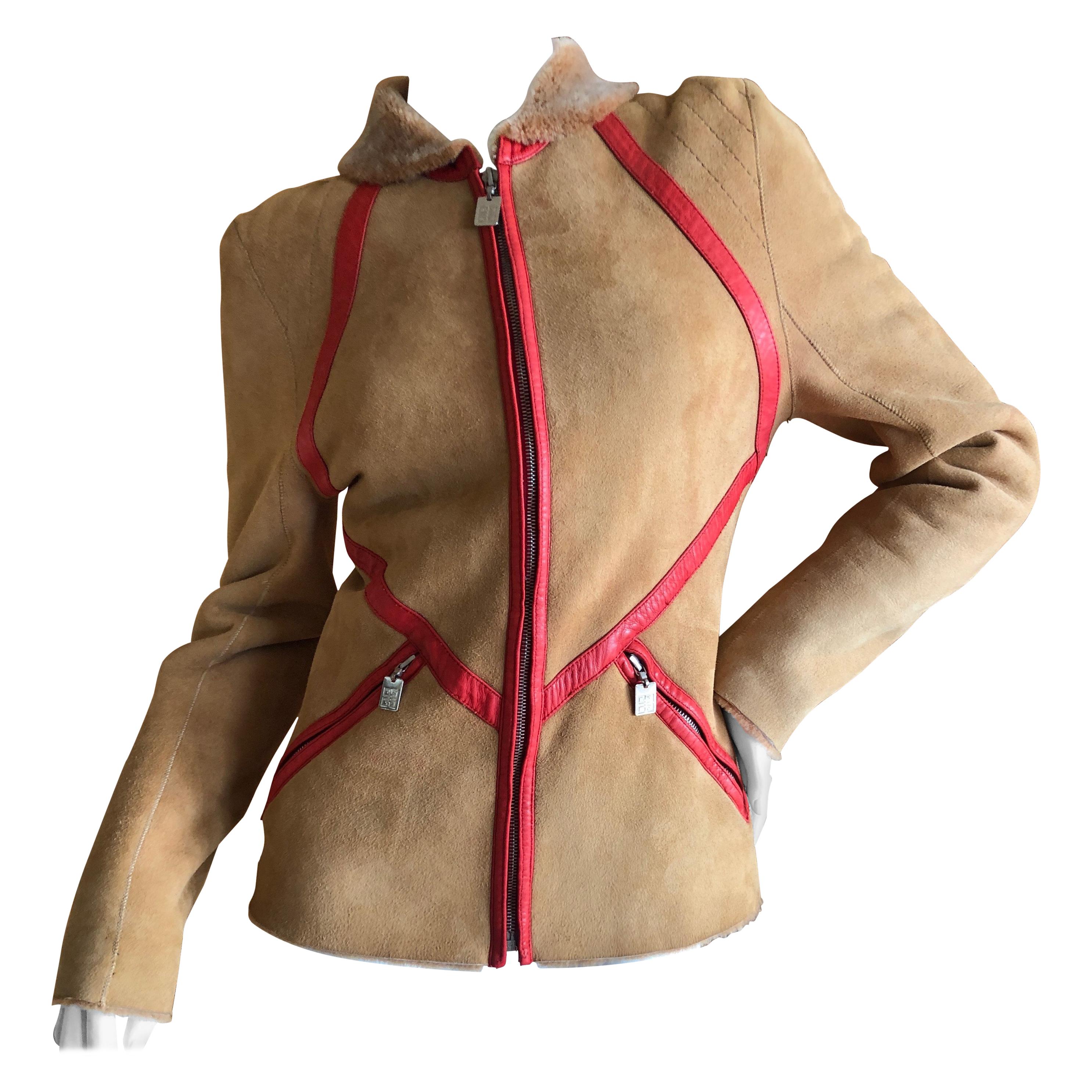 Givenchy Haute Couture A/W 1998 by Alexander McQueen Red Trim Shearling Jacket For Sale