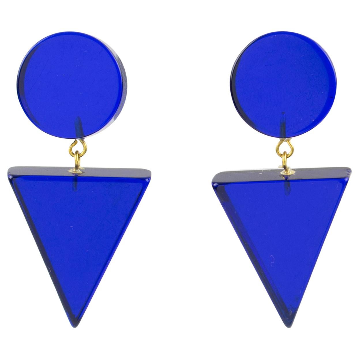1980s Geometric Lucite Clip-on Earrings Intense Royal Blue