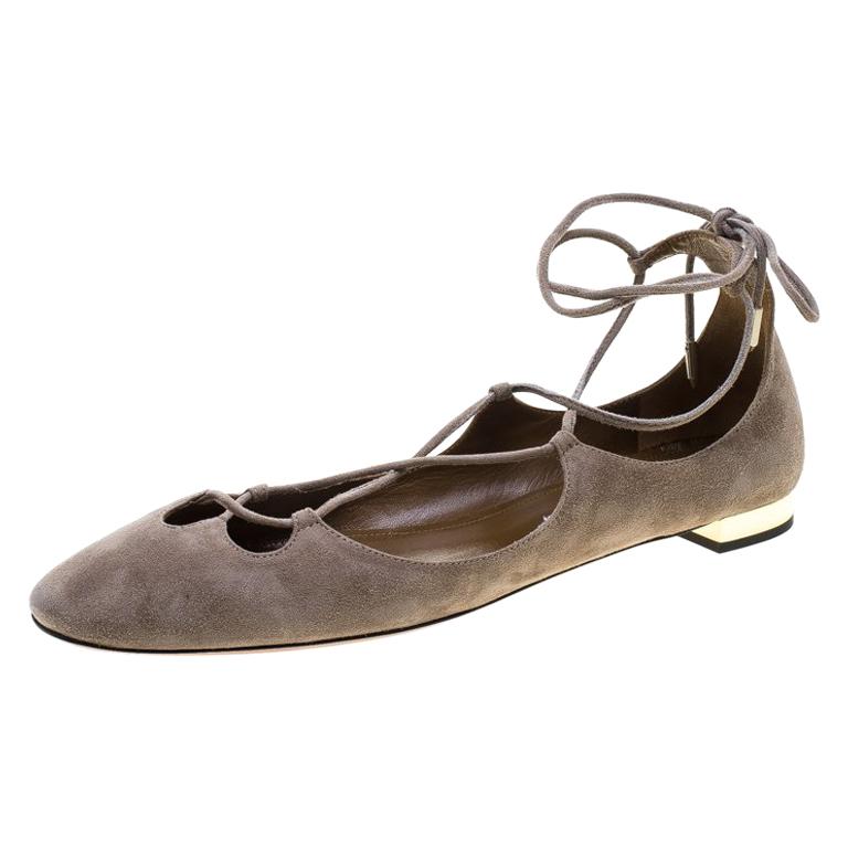 Aquazzura Beige Suede Dancer Lace Up Ballet Flats Size 40