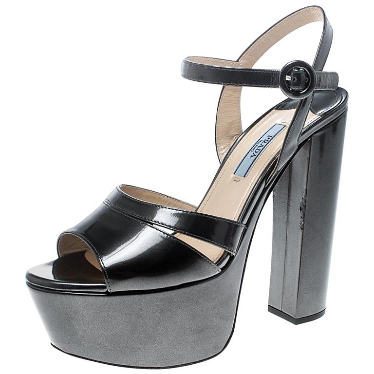 Prada Patent Leather Ankle Strap Block Heel Platform Sandals Size 38.5 ...