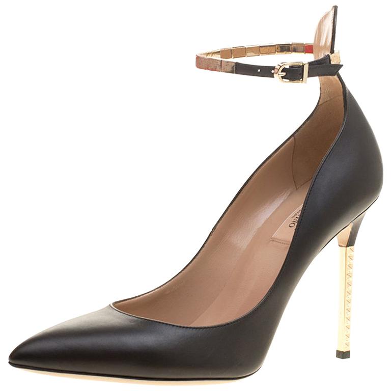 Valentino Black Leather Rockstud Heel Ankle Strap Pointed Toe Pumps ...