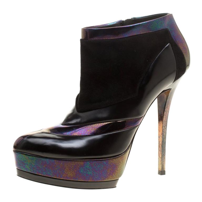 Gucci Black Holographic Leather And Suede Platform Ankle Boots Size 39. ...